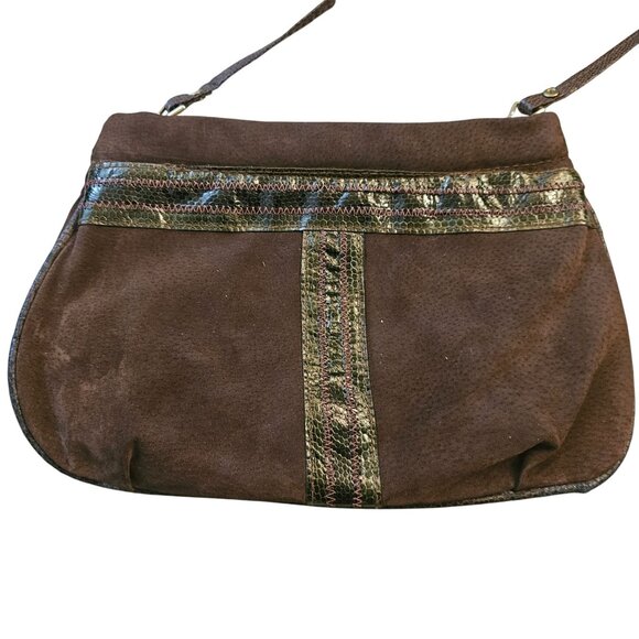 Vintage Brown Suede Shoulder Bag With Metallic Snake Skin Accent Strap & Detaili - Picture 4 of 12